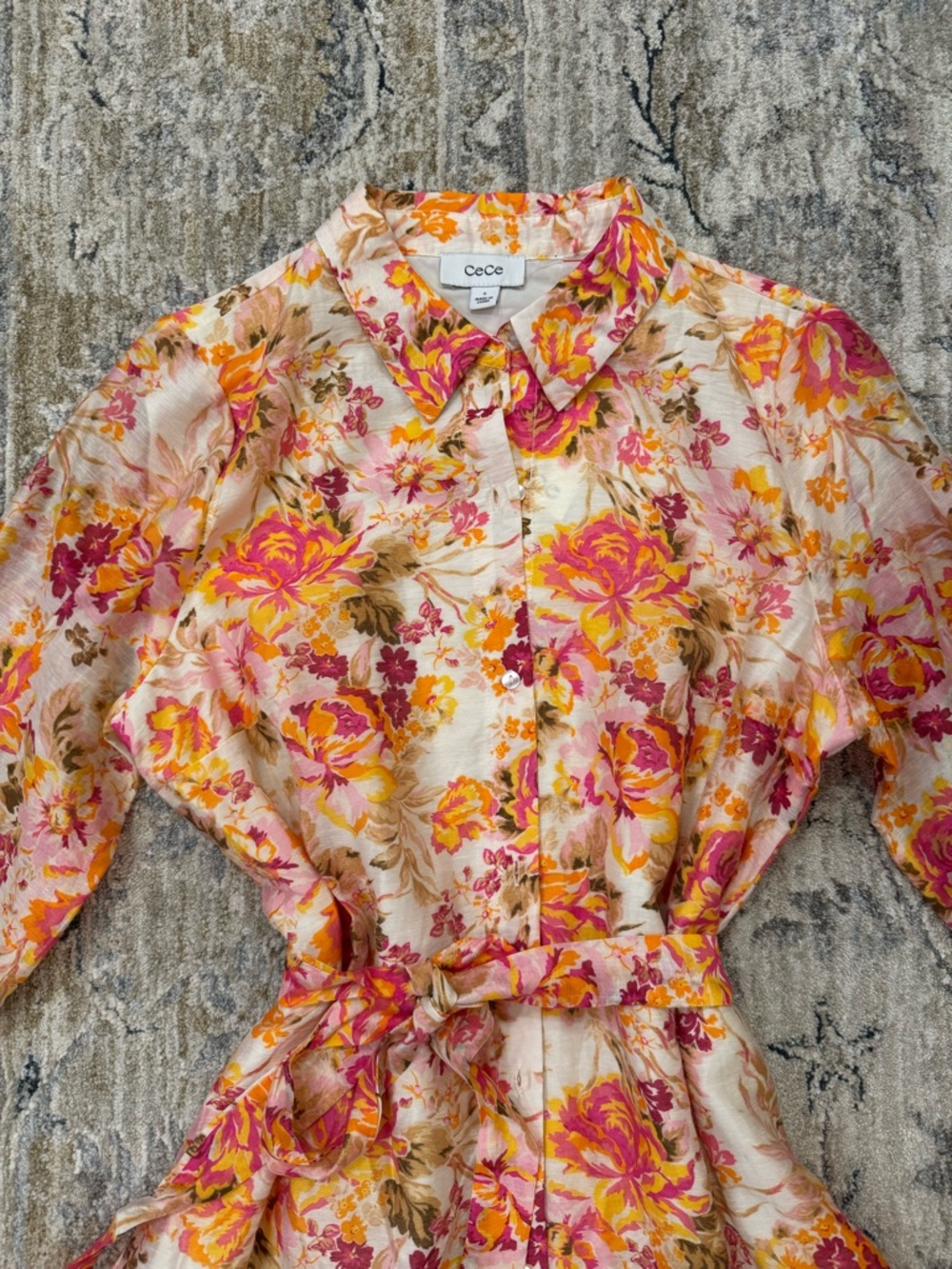 CeCe Spring Floral Button-Front Dress in Pink, Yellow & Cream - Picture 3 of 10